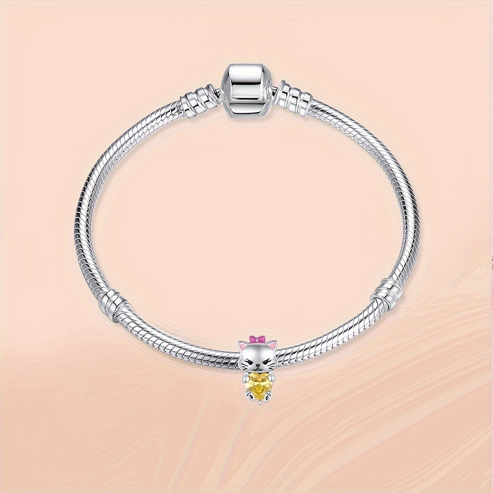 Cat Yellow Heart Stone Charm 925 Sterling Silver Pendant